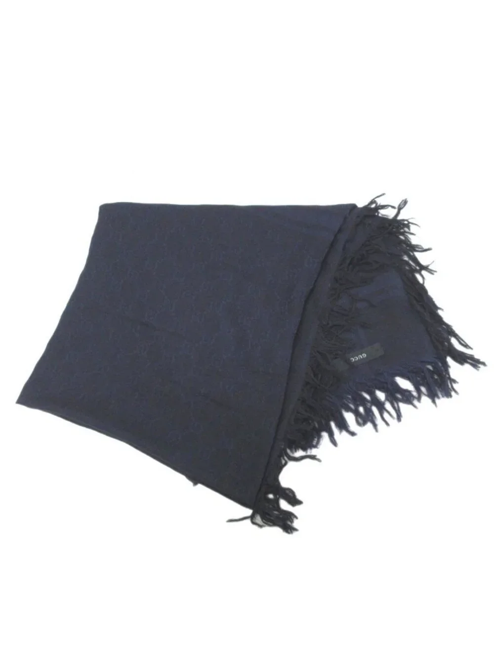 Gucci GG Pattern Scarf Shawl Fringe All Over Cotton Blue Black